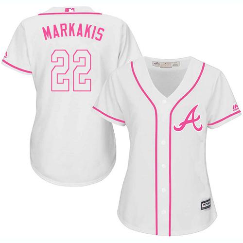 Braves #22 Nick Markakis White/Pink Fashion Women's Stitched MLB Jersey